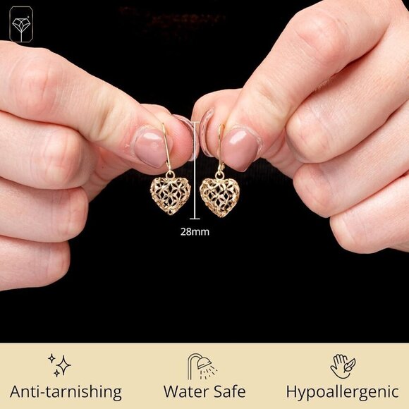 Women's 14K Gold Filigree Dangle Drop Heart Earrings with Secure Leverback - Picture 3 of 6